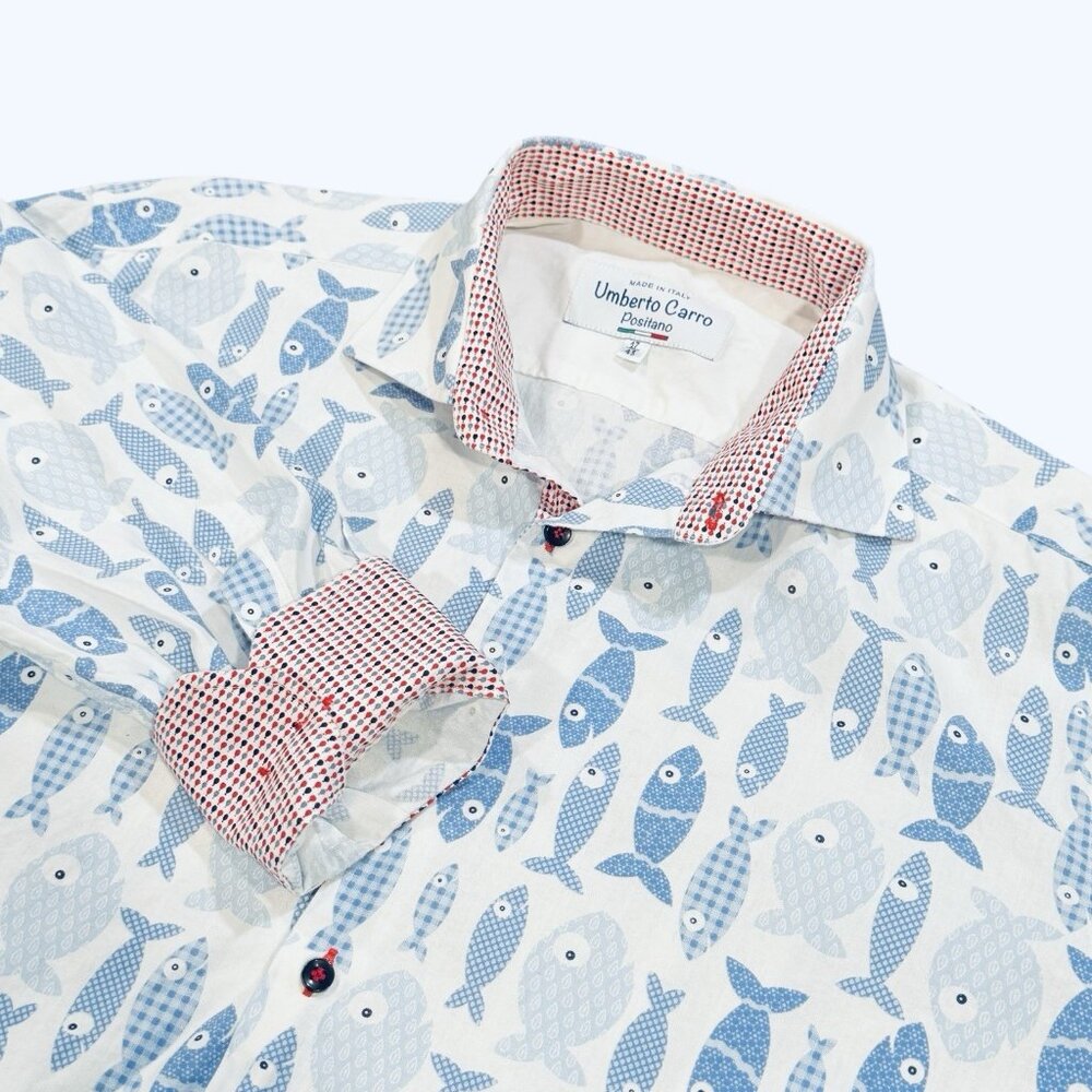 Umberto Carro Mens Sz 17 /43 Blue Fish Novelty Print Dress Shirt Italy Positano